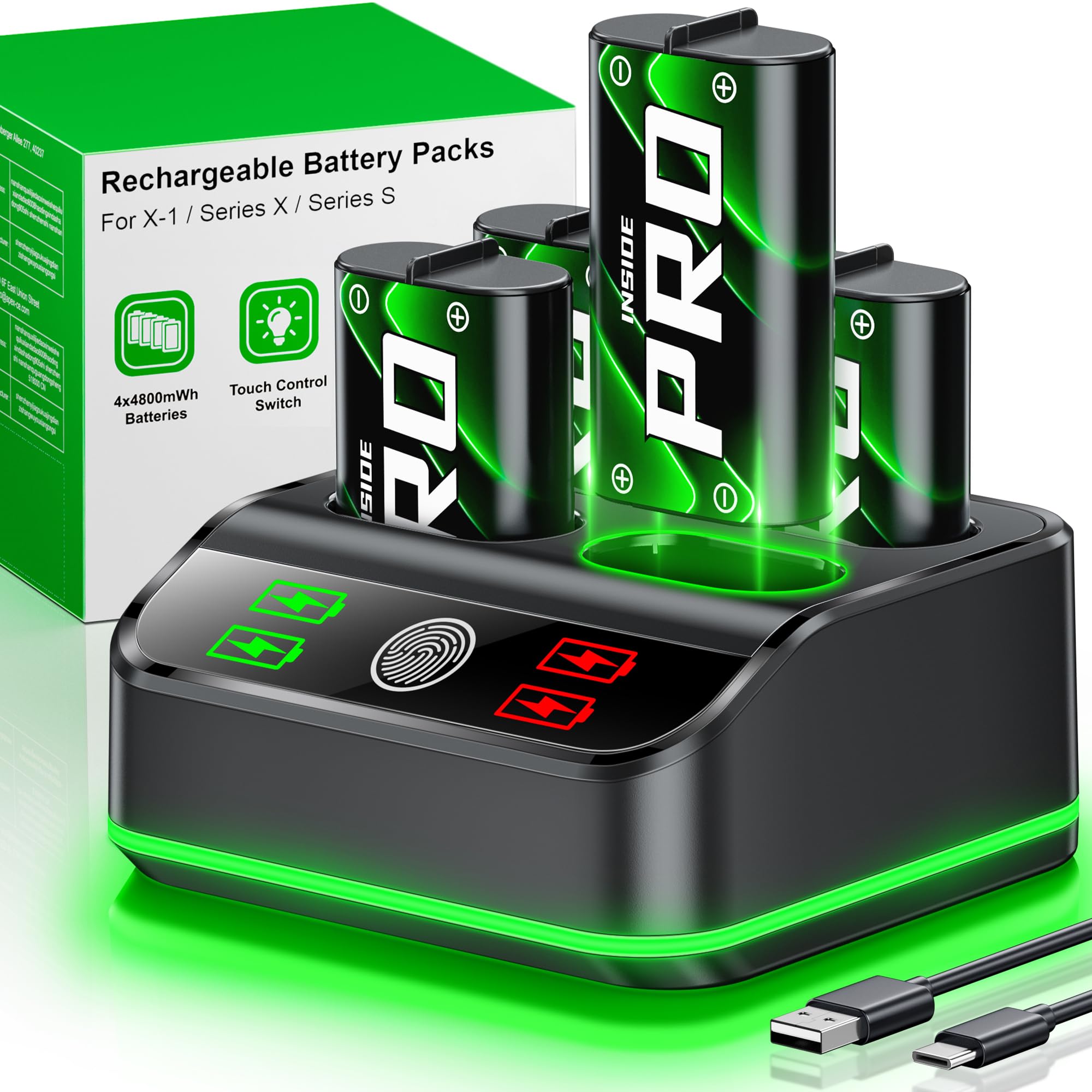 4x4800mWh Rechargeable Battery Pack with Charging Station, Xbox Controller Battery Pack Compatible with Xbox One/S/X/Elite/Series S/X with LED Indicators