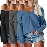 Velvelhall 3 Pack Women's Oversized Off The Shoulder Tops Waffle Knit V Neck Casual Shirts Loose Fit Long Sleeve Tees