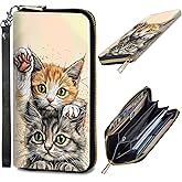 DHYYDSQZ Womens Wallet, PU Leather RFID Cute Wristlet Wallets for Girls Women Ladies Purse Large Credit Card Clutch Purse Card Holder Coin Pocket Travel Wallets with Zipper, Cats