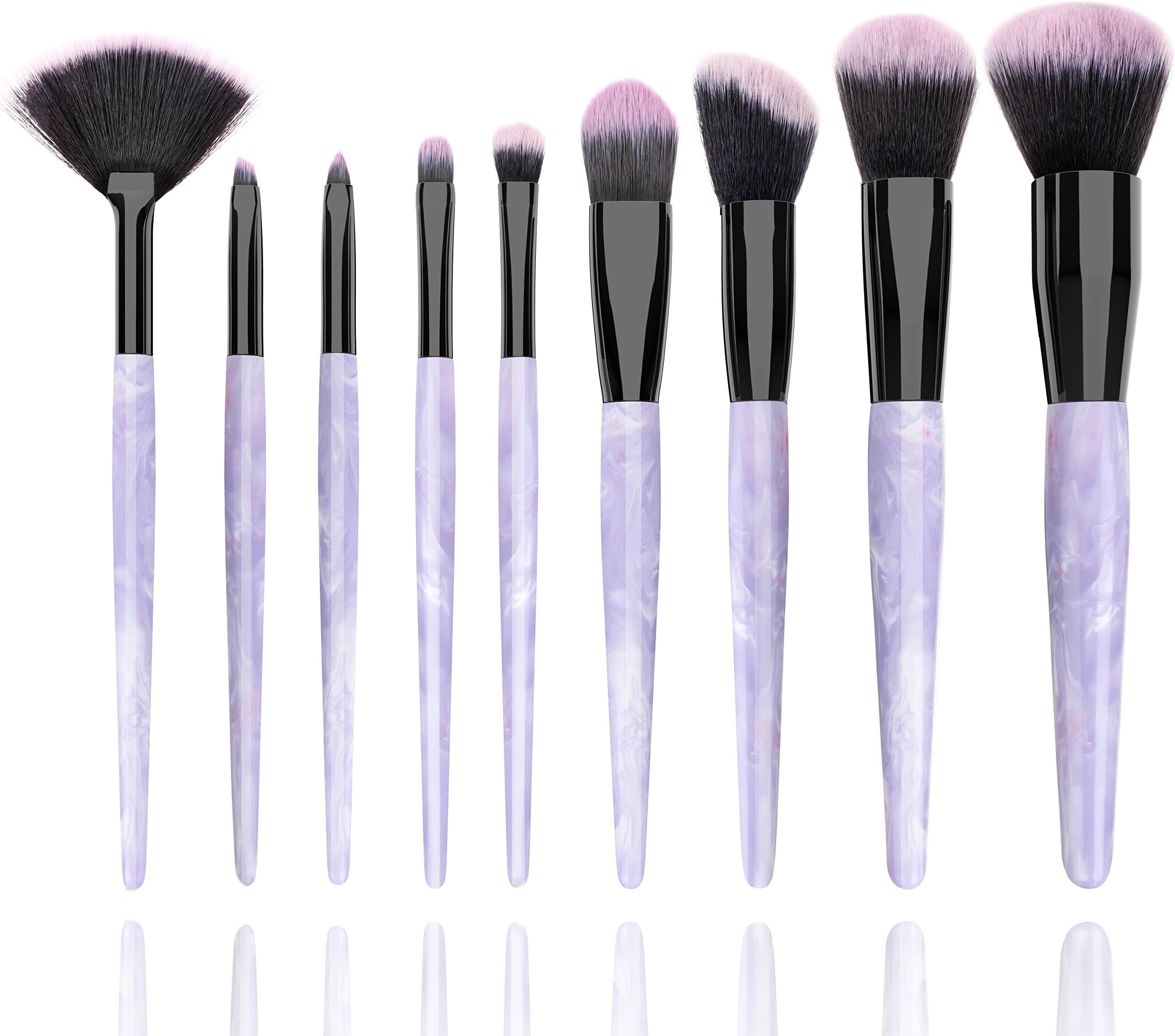 Makeup Brushes-Seewa 9 Pieces Jade Texture Makeup Brush Set Professional Synthetic Foundation Kabuki Brushes for Blending Blush Eyeliner Face Powder Beauty Tool (Purple Resin Type Material Handle)