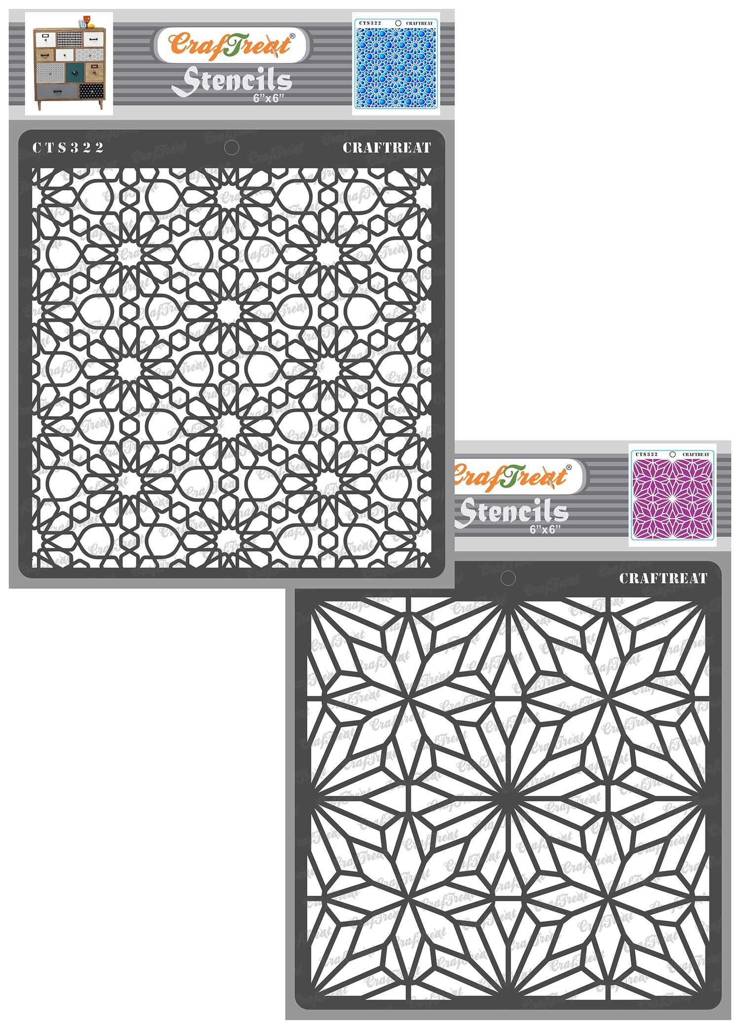 CrafTreat Reusable Pattern Stencils for Painting on Wood, Wall, Tile, Canvas, Paper, Fabric and Floor - Arabic Pattern and Geometric Flowers - 2 Pcs - 6x6 Inch Each - DIY Art and Craft Stencils