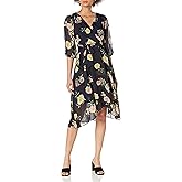 DKNY Womens 3/4th Sleeve Faux Wrap Dress