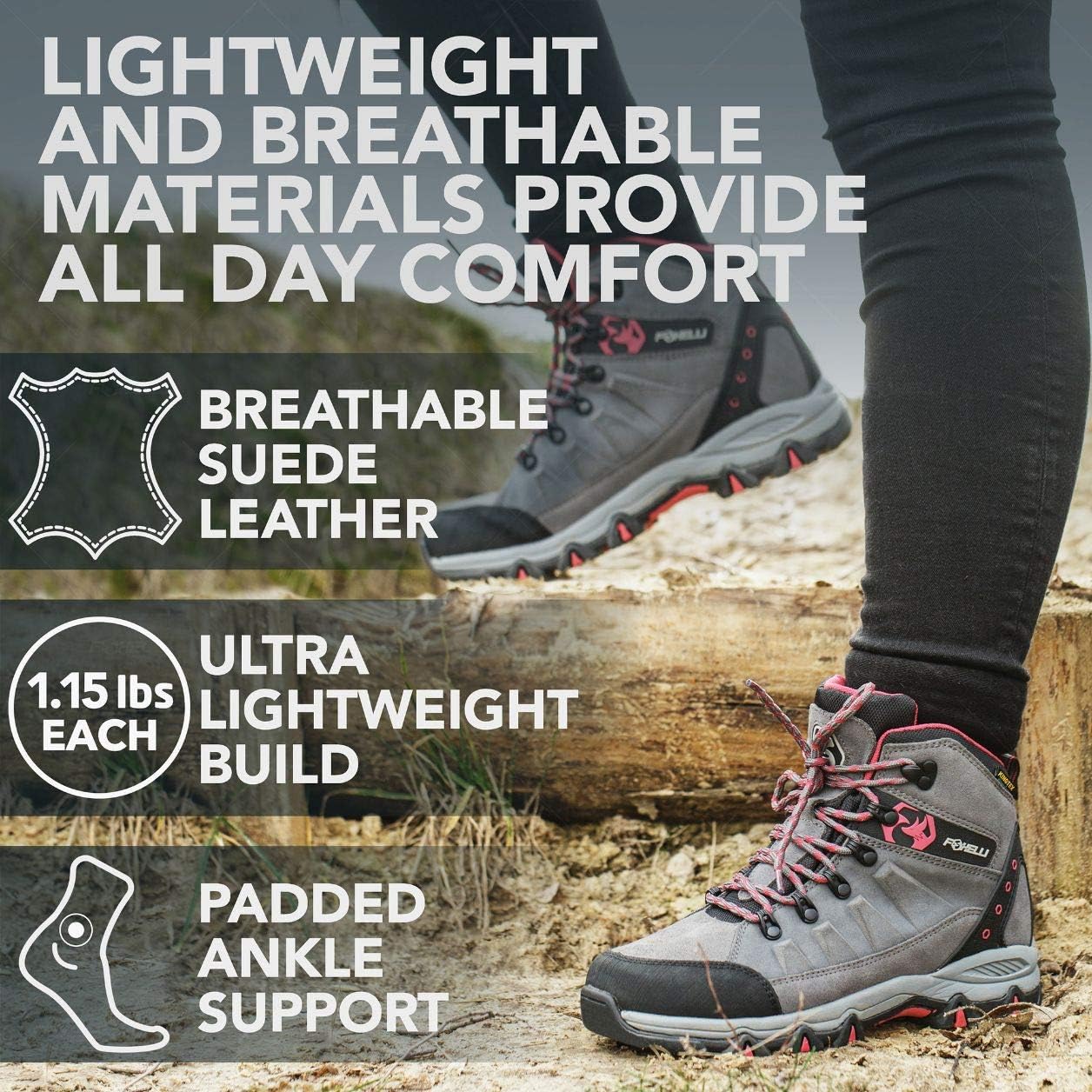  | Foxelli Women’s Hiking Boots – Waterproof Suede Leather Hiking Shoes for Women, Breathable, Comfortable & Lightweight Hiking Boot | Hiking Boots