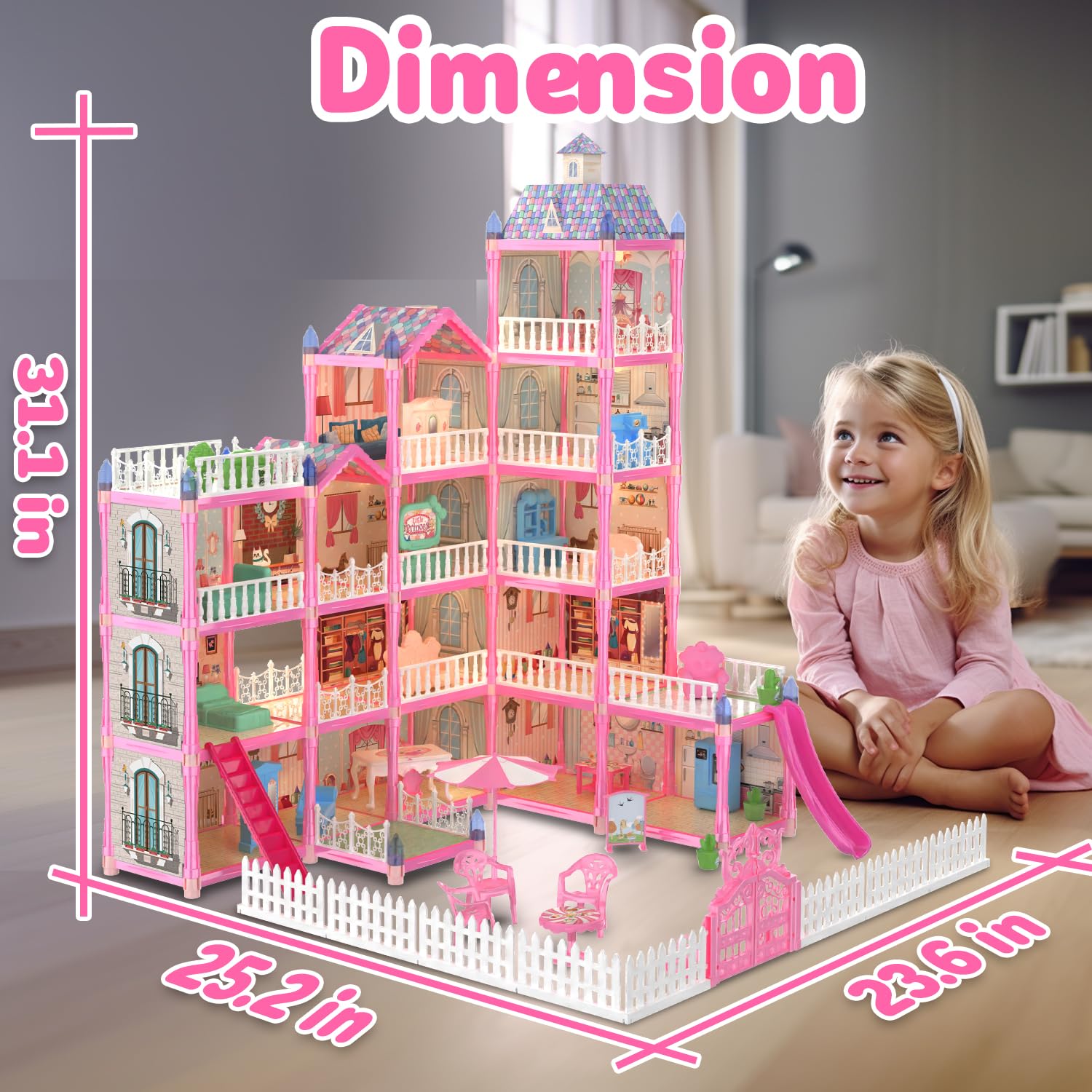 (13 Rooms) 292 PCS Dollhouse Building Playset, Pink Princess Castle Playhouse with Dolls, Furniture, Accessories, Pretend Play Dreamhouse Toys for 3 4 5 6 7 8 9 10 Years Old Girls Kids Toddlers Gifts