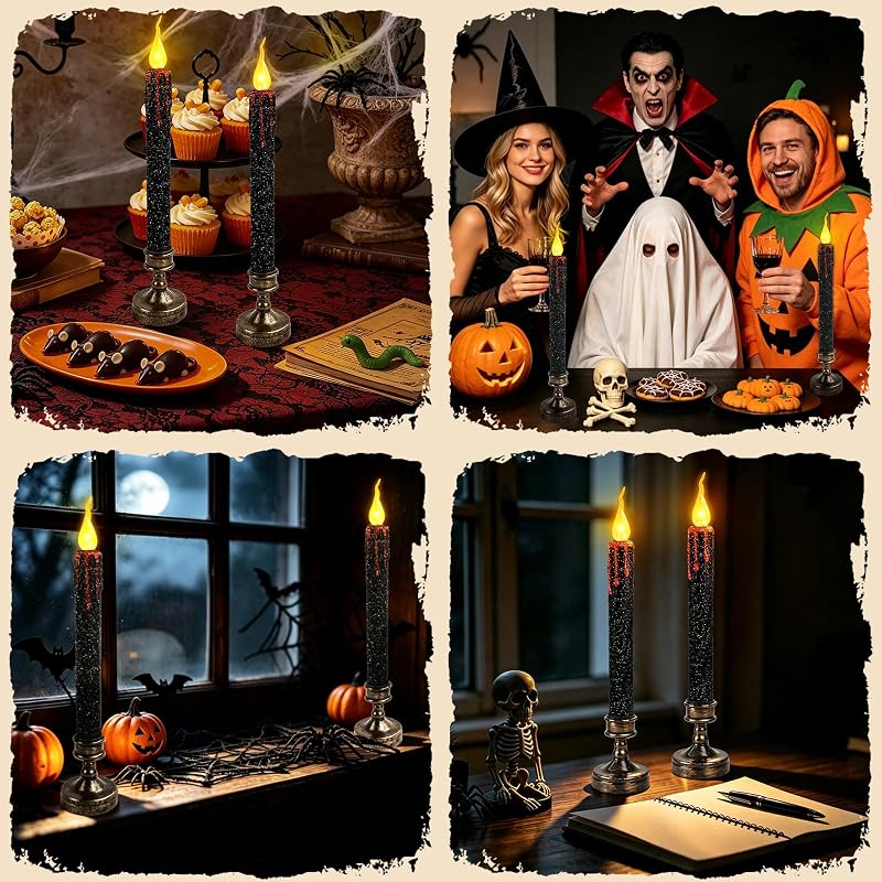 2 Piezas Velas LED Halloween 24.5cm Velas Halloween Sin Llama Gotean Sangre Negras LED Candle con Pilas para Fiesta, Regalos, Decoracion Casa