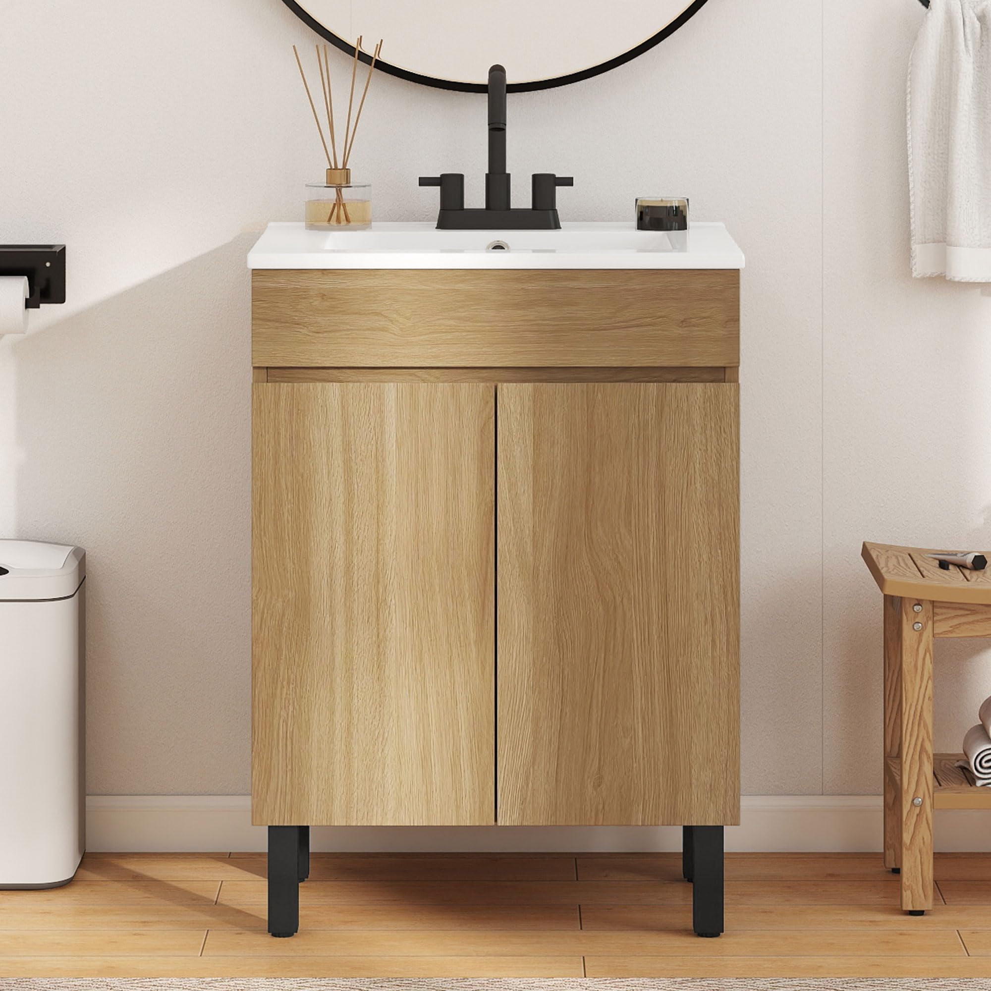 Photo 1 of **MISSING PARTS**
YITAHOME 24 Inch Bathroom Vanity with Sink, Bathroom Cabinet Vanity for Small Space, Freestanding Storage Bathroom Vanity with 2 Soft Closing Cabinets, Natural Brown