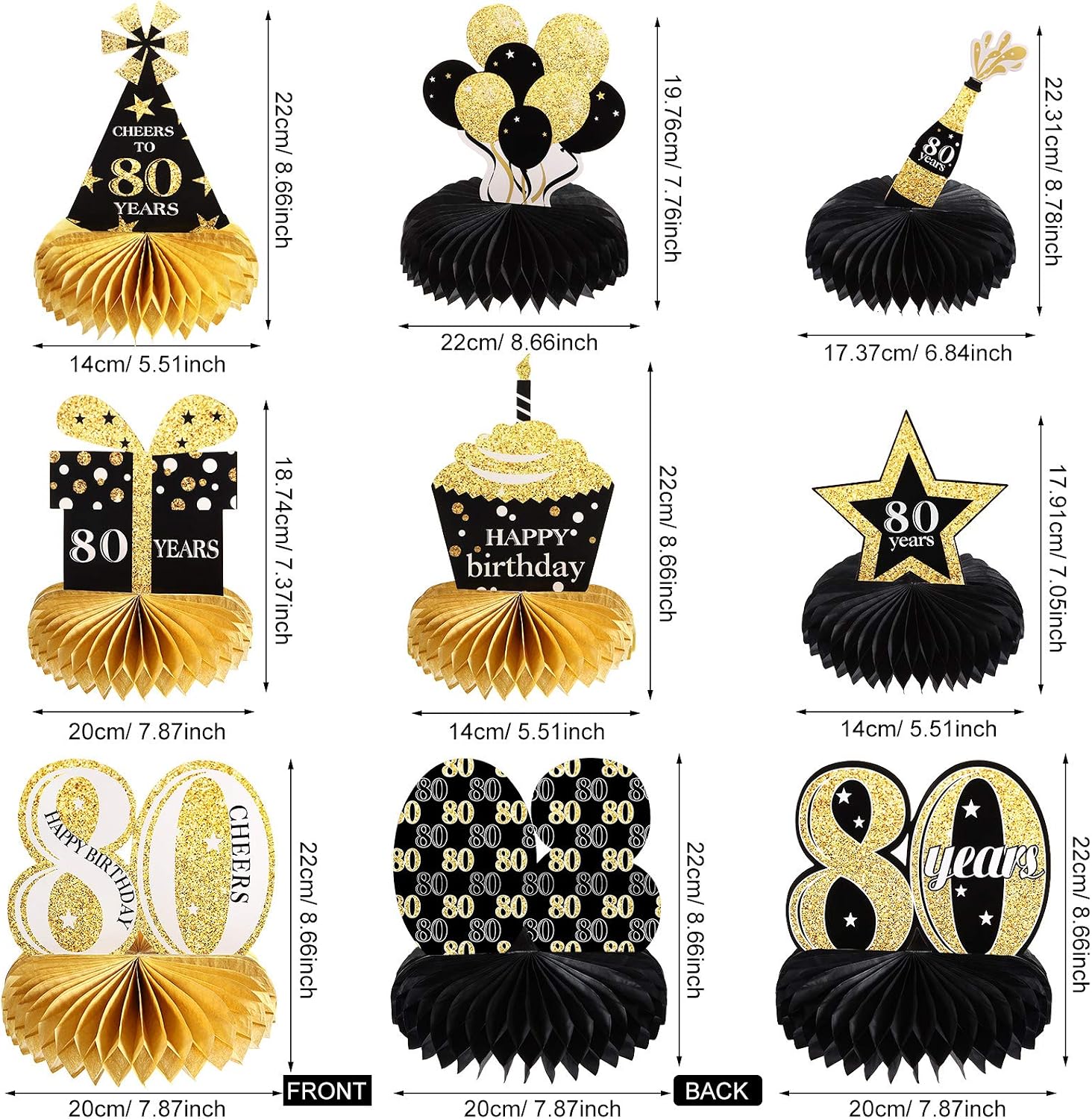 8 Pieces 80th Birthday Table Decorations for Men and Women Happy 80th Honeycomb Centerpieces Black Golden 1943 Aged Birthday Party Decorations Tables Toppers for Cheers to 80 Years Party Supplies - Image 3
