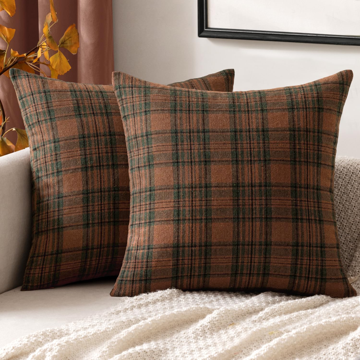 Photo 1 of MIULEE Fall Set of 2 Scottish Tartan Plaid Throw Pillow Covers Farmhouse Classic Decorative Outdoor Square Cushion Cases for Halloween Thanksgiving Decor Sofa Couch 18x18 Inch, Orange and Green