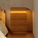 BOXACTION Fluted Nightstand with Charging Station and LED Light, Bedside Table with Sliding Top, USB Ports and AC Outlets, 3 Drawer Storage Cabinet, Modern End Table for Bedroom, Walnut