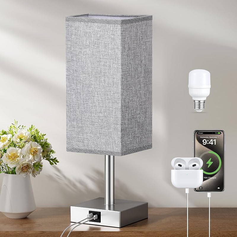 Aooshine Bedside Lamp with USB C A Ports, 3 Way Dimmable, Grey Shade