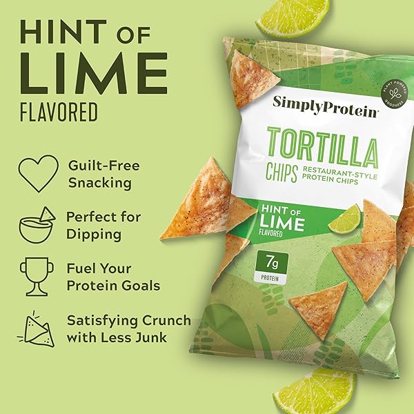 SIMPLY PROTEIN – TORTILLA CHIPS, RESTAURANT STYLE PROTEIN CHIPS, HINT OF LIME (3-PACK) – 7G PROTEIN, 140 CALORIES, GLUTEN FREE, VEGAN – CRISPY PLANT BASED PEA PROTEIN SNACKS – 3 BAGS, 4.58OZ (130G)