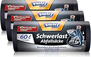 Swirl Profi Schwerlast-Abfallsäcke mit Zugband, 60 Liter, Reißfest, 3 Rollen mit je 12 Säcken