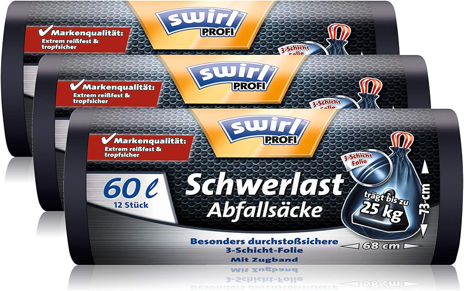 Swirl Profi Schwerlast-Abfallsäcke mit Zugband, 60 Liter, Reißfest, 3 Rollen mit je 12 Säcken
