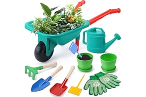 CUTE STONE Kids Gardening Tool Set with Wheelbarrow, Outdoor Garden Toys for Toddlers Ages 3+, Includes Metal Shovel, Hand Ra