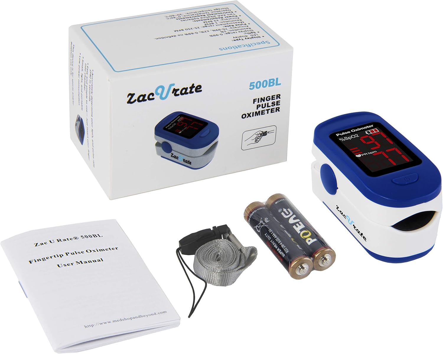 Zacurate 500BL Fingertip Pulse Oximeter Blood Oxygen Saturation Monitor with Batteries and Lanyard Included (Navy Blue): Health & Personal Care
