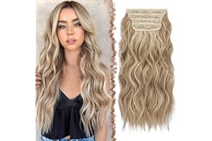 FESHFEN Clip in Hair Extensions 4 PCS Long Wavy Thick Highlighted Clip in Hairpieces Synthetic Hair Extension for Women, Dark Ash Blonde Mixed Bleach Blonde 20 Inch