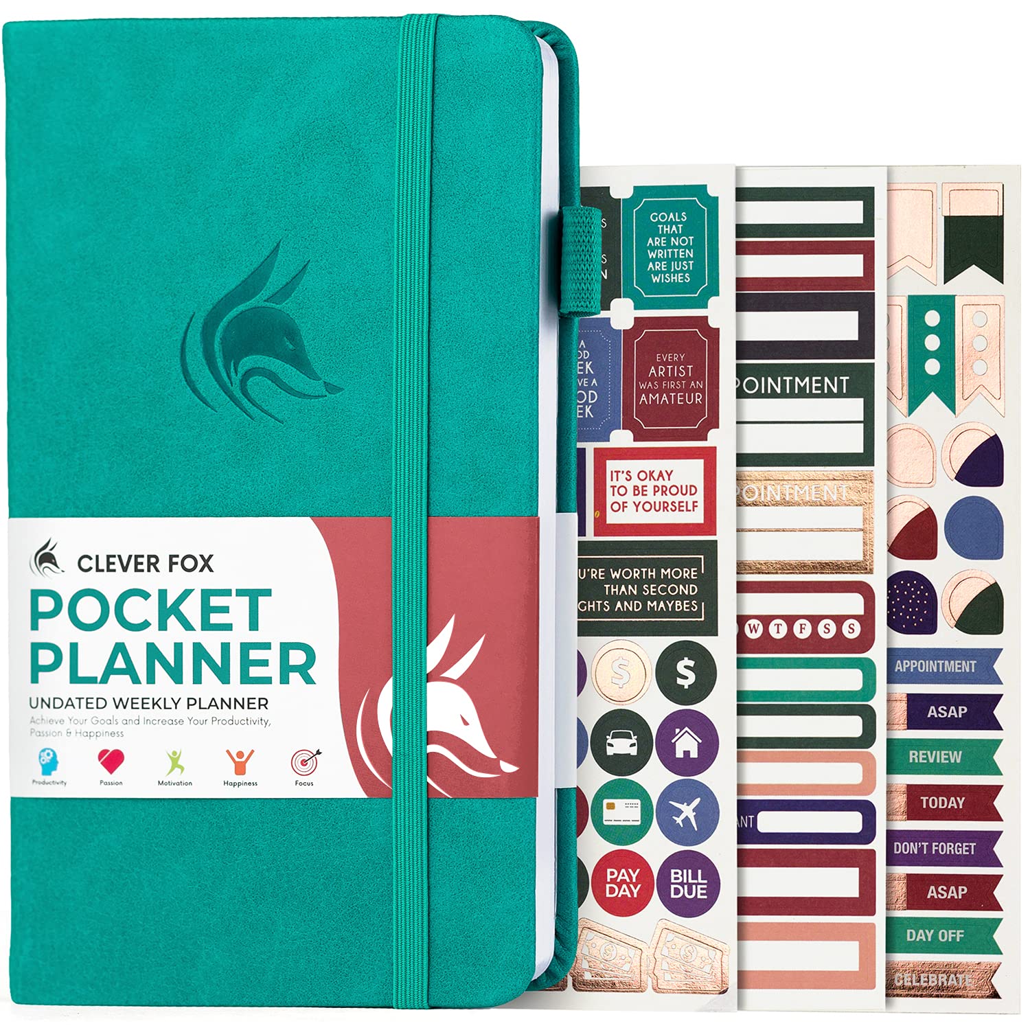 Clever Fox Pocket Weekly – Undated Monthly Goal Planner and Calendar, Mini Planner Perfect for Purse, 10x17.5cm (Turquoise)