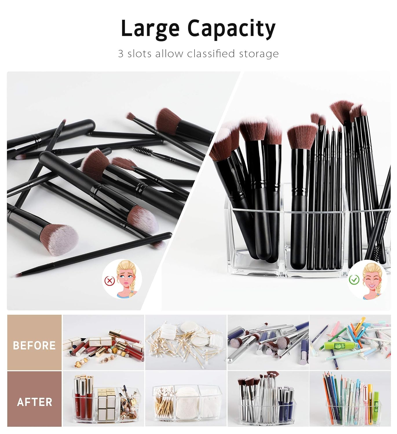 Syntus Makeup Brush Holder Organizer, Acrylic 3 Slot Large Capacity Cosmetic Brushes Storage Box, Clear: Beauty