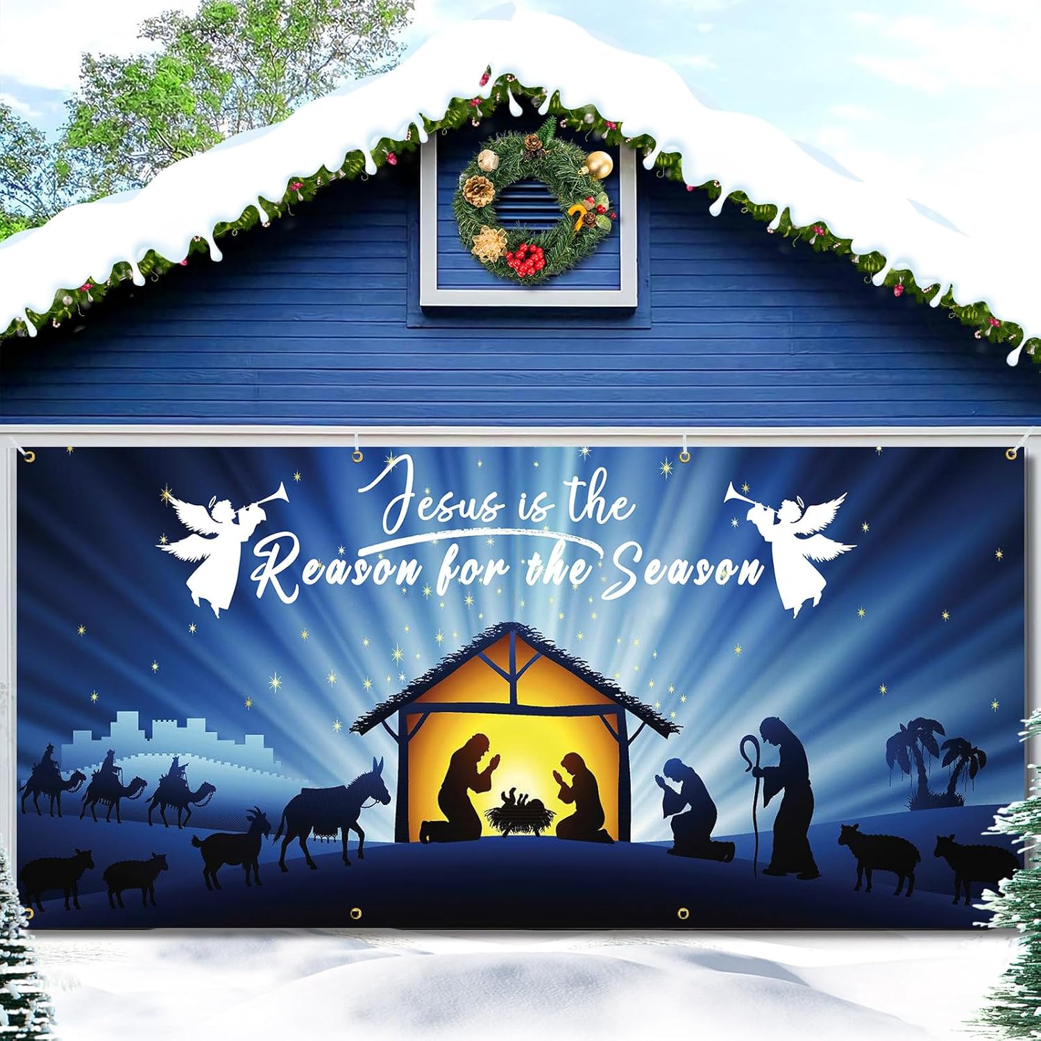 Garage Door Decorations - Christmas Nativity Garage Door Banner 16 x 7 ft, Large Christmas Garage Door Decorations Jesus Is The Reason for The Season Backdrop Background for Photo Holy Nativity Christmas Party Outdoor Banner