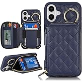 Hamany for iPhone 16 Case Wallet with Card Holder,for iPhone 16 Phone case Wallet with Zipper with Slot Kickstand Stand for Women and Man Case for 5G 6.1 Inch-Blue