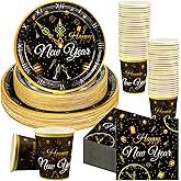 200 Pcs New Year Party Supplies 2026 Black and Gold Eve Paper Plates Napkins Cups Kit Disposable Dessert Plate Tableware Set Disposable for 2026 New Year Birthday Party Supplies