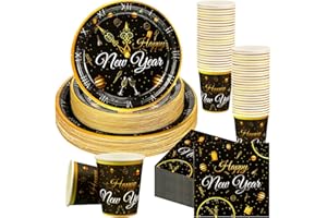 MAXCHECK 200 Pcs New Year Party Supplies 2026 Black and Gold Eve Paper Plates Napkins Cups Kit Disposable Dessert Plate Tableware Set Disposable for 2026 New Year Birthday Party Supplies