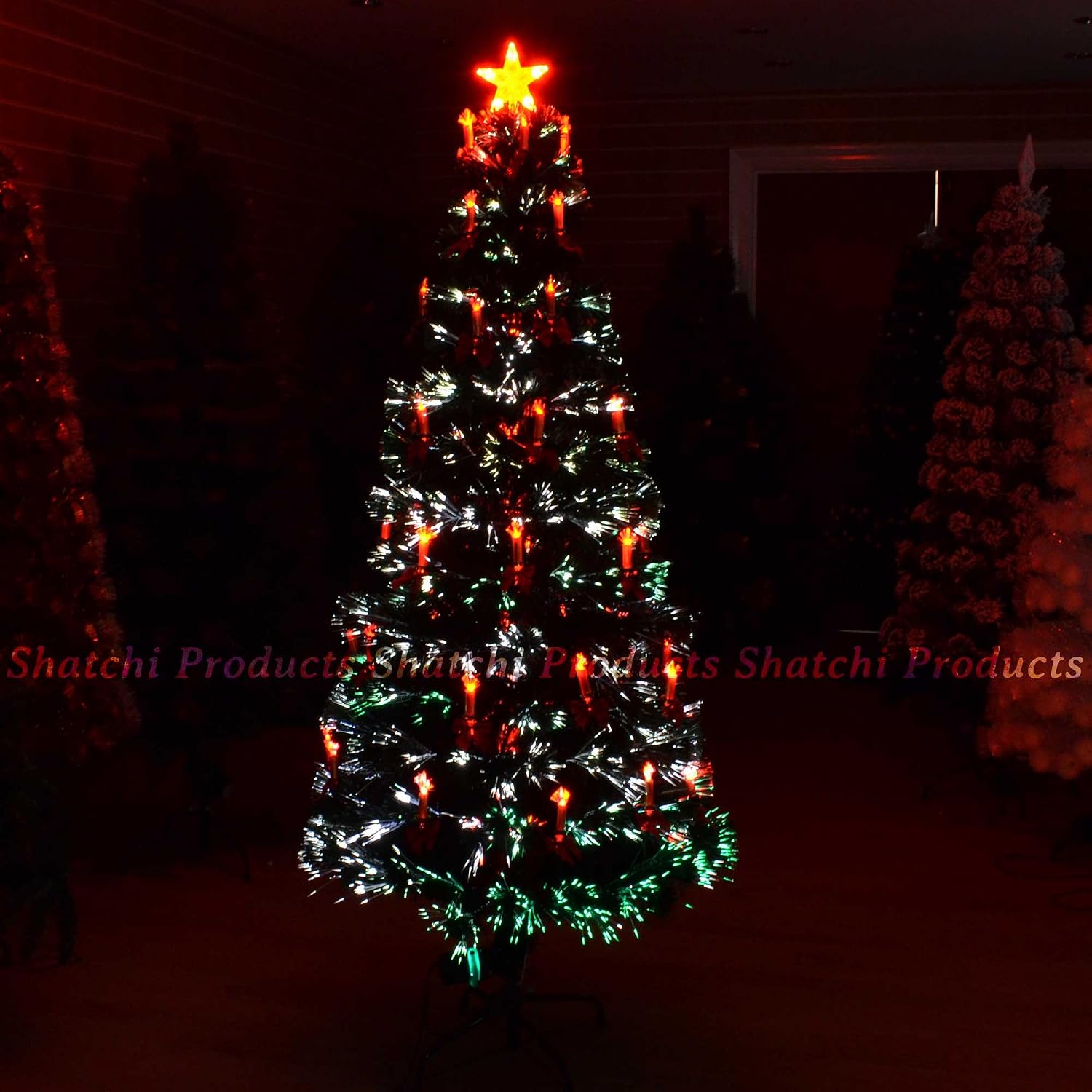 SHATCHI 3ft/90cm Candle and Bow Pre-Lit Fibre Optic Christmas Tree Various Multicolour Light Effects Holiday Xmas Home Decorations, Green, 3Ft - Image 5