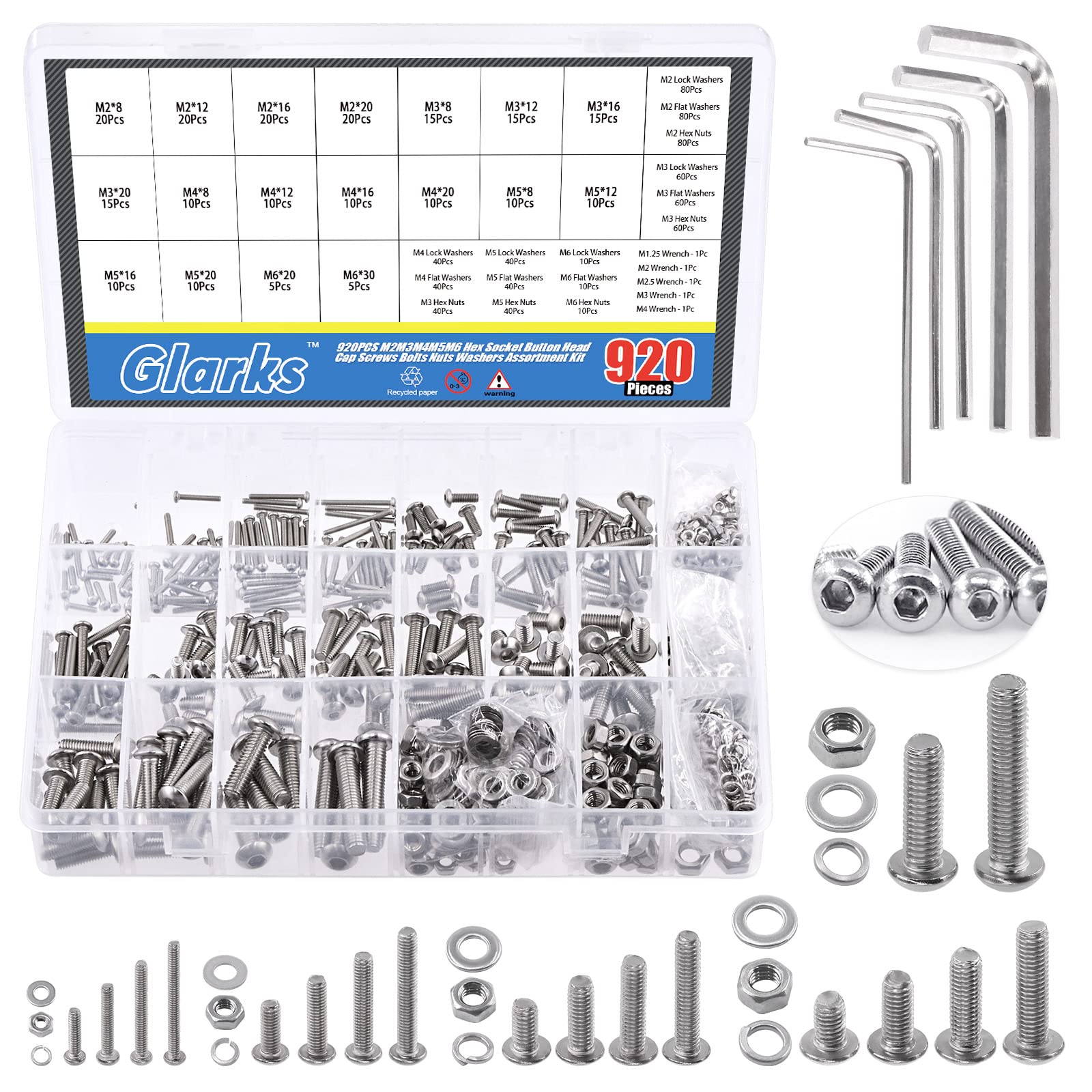 GLARKS G18010 925Pcs M2 M3 M4 M5 M6 Stainless Steel Button Head Hex Socket Cap Screw Bolt and Nut Assortment Kit with Hex Nuts, Flat Washers, Lock Washers for Machinery Furniture Car Repair
