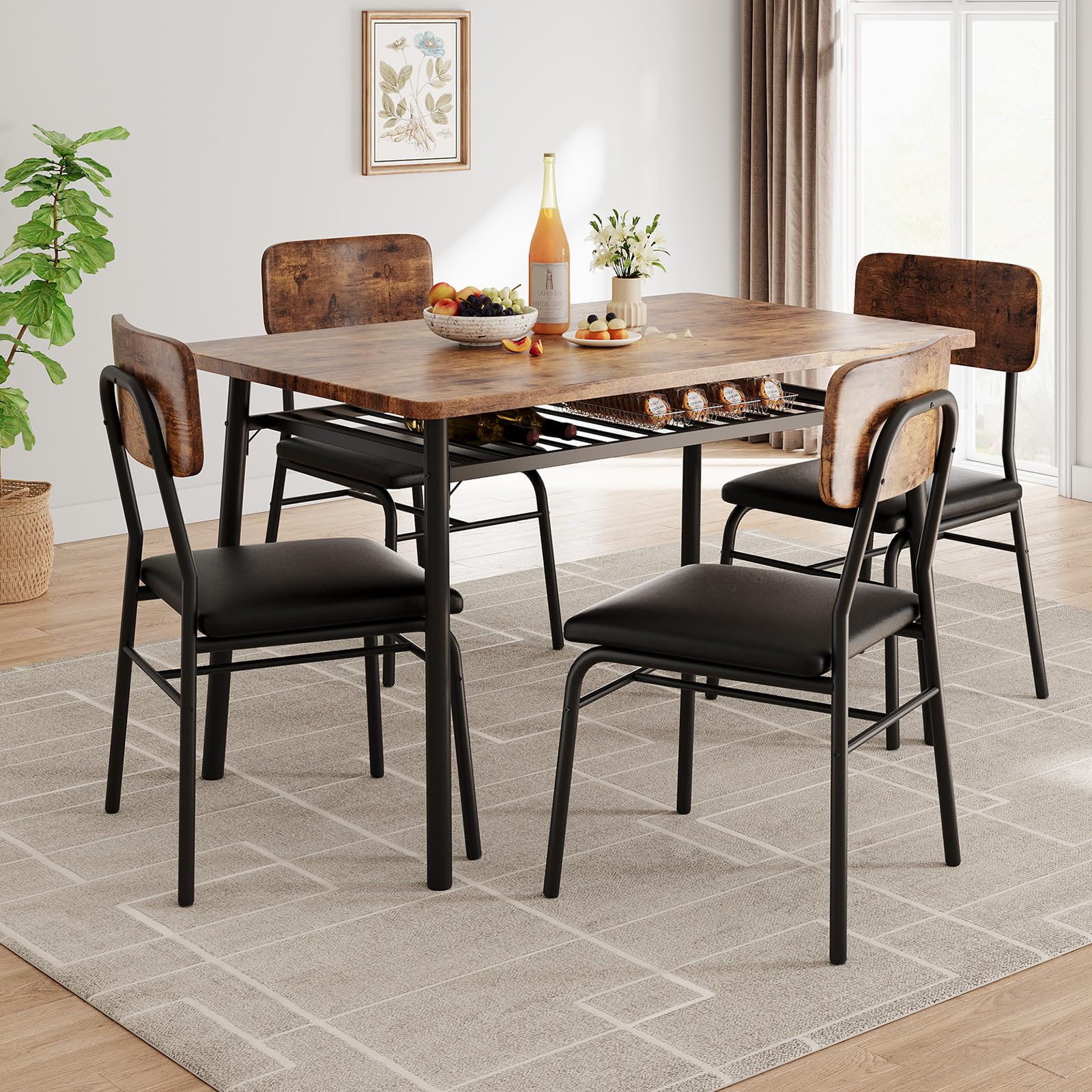 Photo 1 of **hardware missing**GarveeHome Dining Table Set for 4 with Storage Rack, 5-Piece Kitchen Table and Upholstered Chairs of 4, Wood Tabletop & Heavy-Duty Metel Frame, Dining Room Set for Small Space, Apartment, Brown
