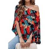 VIMPUNEC Womens Off The Shoulder Flowy Tops Casual Batwing Sleeves Blouses Loose Chiffon Shirts