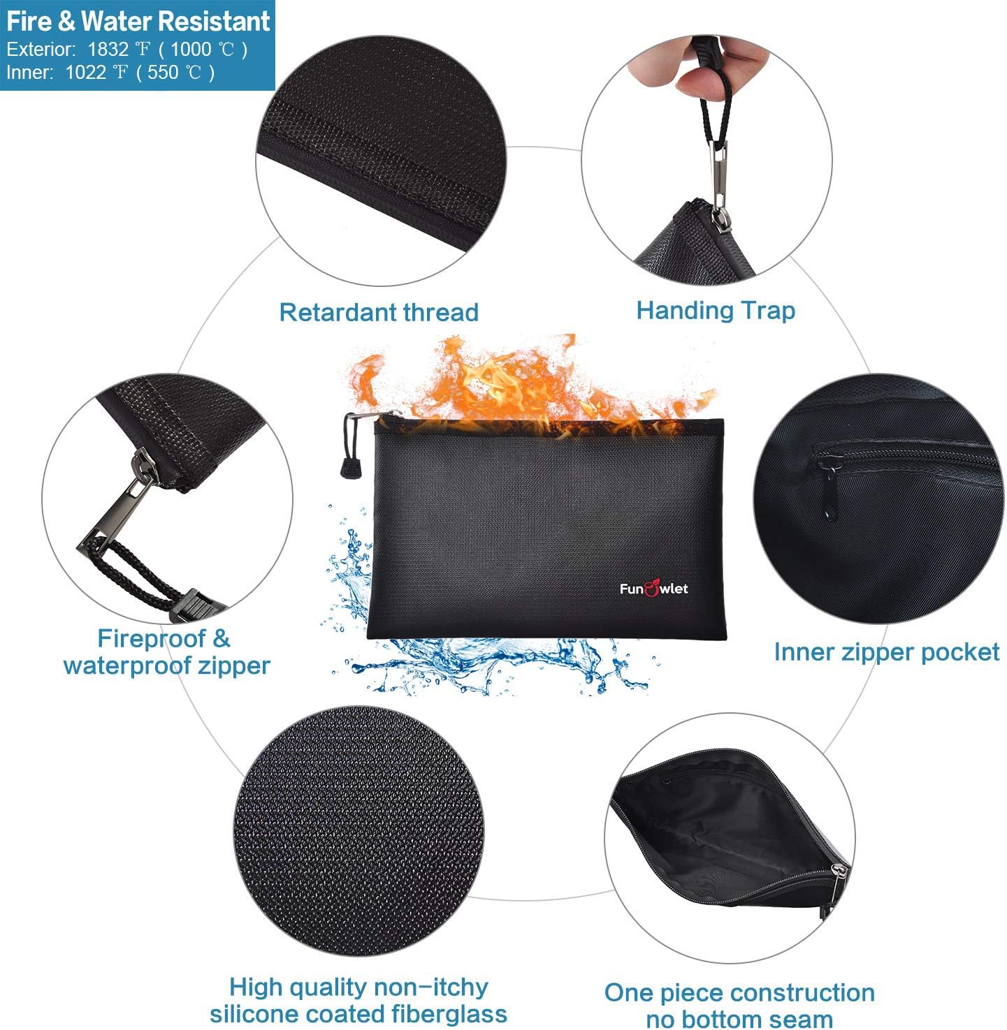 Fireproof Safe Money Document Bags - 2 Pack 13.4" x 9.8" and 10.6" x 6.7" Waterproof Zipper Bag, Fire & Water Resistant Storage Organizer Pouch for A4 A5 Documents Holder,File,Cash,Passport,Tablet: Office Products
