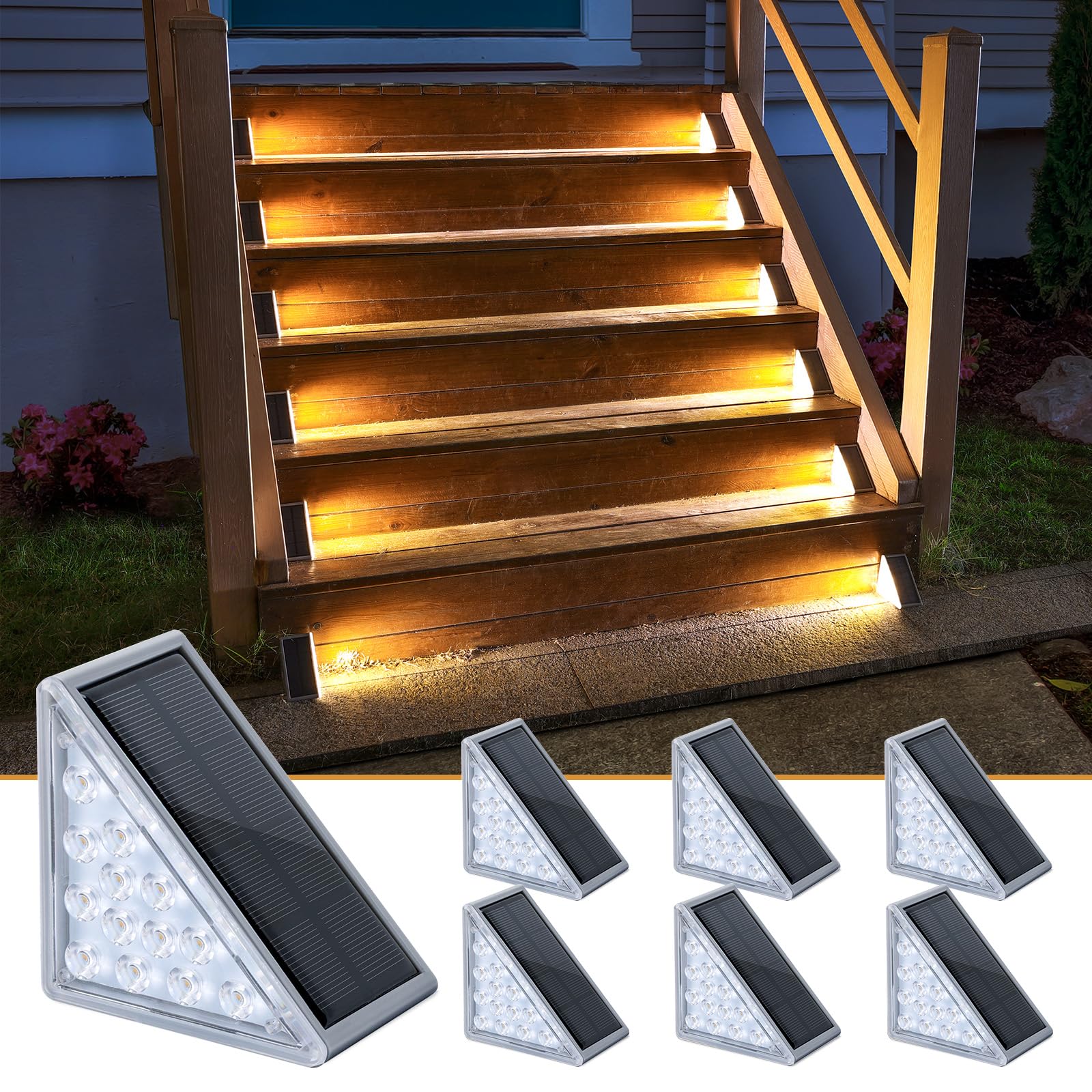 NIORSUN Solar Step Lights 6 Pack - Outdoor Stair Lights with 3000K Warm White & 6000K Cool Daylight, IP67 Waterproof, Auto On/Off, Super Bright for Deck, Patio, Steps Image