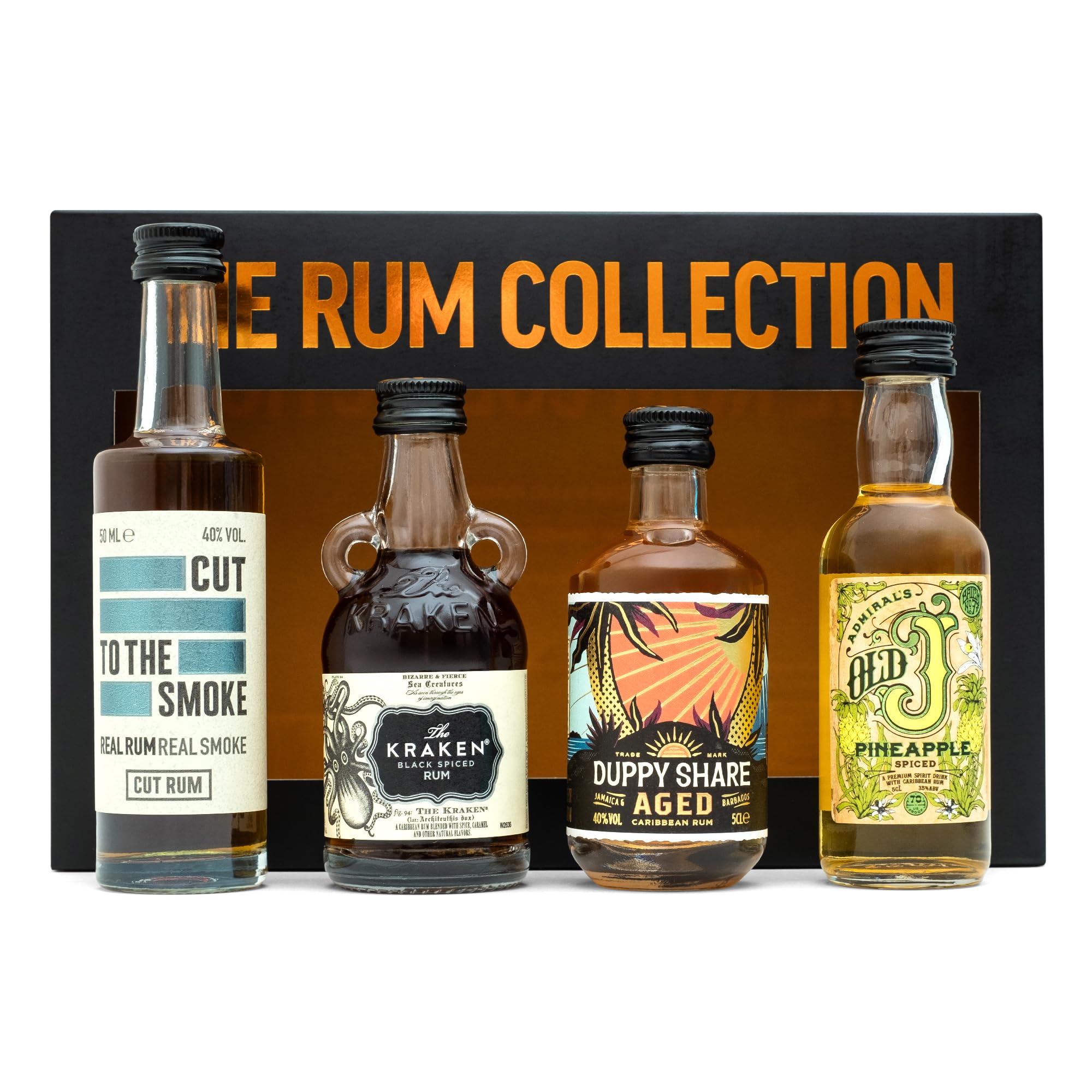 BEAMS INTERNATIONAL Spiced Rum Gift Set - Kraken, Old J Pineapple Flavoured, Duppy Share Aged, Cut Rum Miniatures, Mini Alcohol Bottles x4 5cl - Rum Gifts for Men, Dad Gifts, Birthday, Valentines Day
