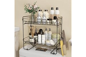 Johamoo Over The Toilet Storage, 2-Tier Bathroom Organizer Shelves, Multifunctional Bathroom Storage Rack with 4 Sucktion Cup, No Drilling Space Saver with Hooks, Upgrade Non-Adhesive, Black