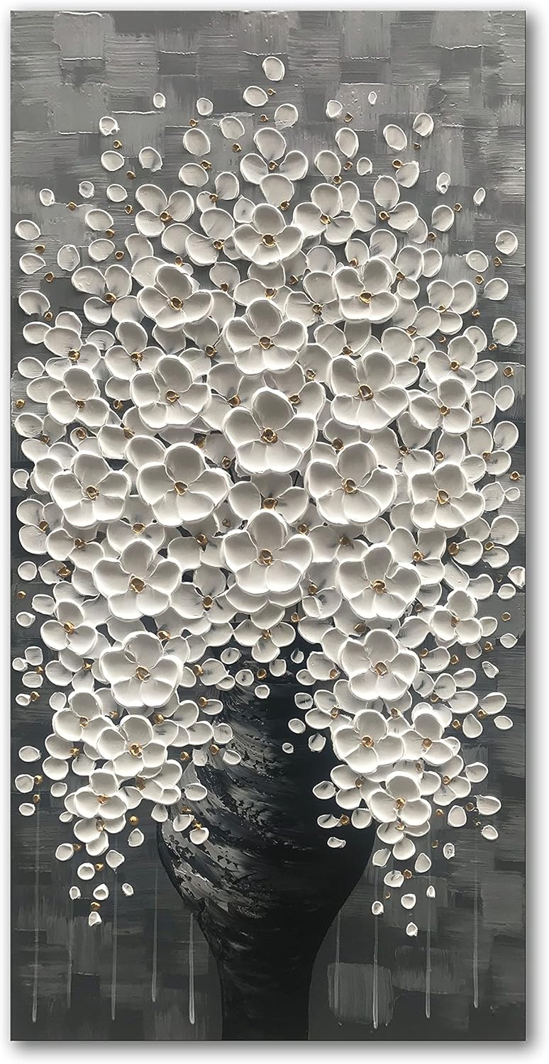 Paintings - Diathou art 40x20 100% hand-painted 3d floral decorative paintings, white flowers blooming in vases, modern cloth art home decor is suitable for living rooms and other modern wall art