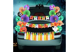 YUXNT Halloween Trunk or Treat Car Decorations Kit with LED Lights, Car Archway Garage Halloween Decoration, Happy Halloween Themed Design with Balloons, Banner, Paper Fans, Tassel and Pumpkin Stickers