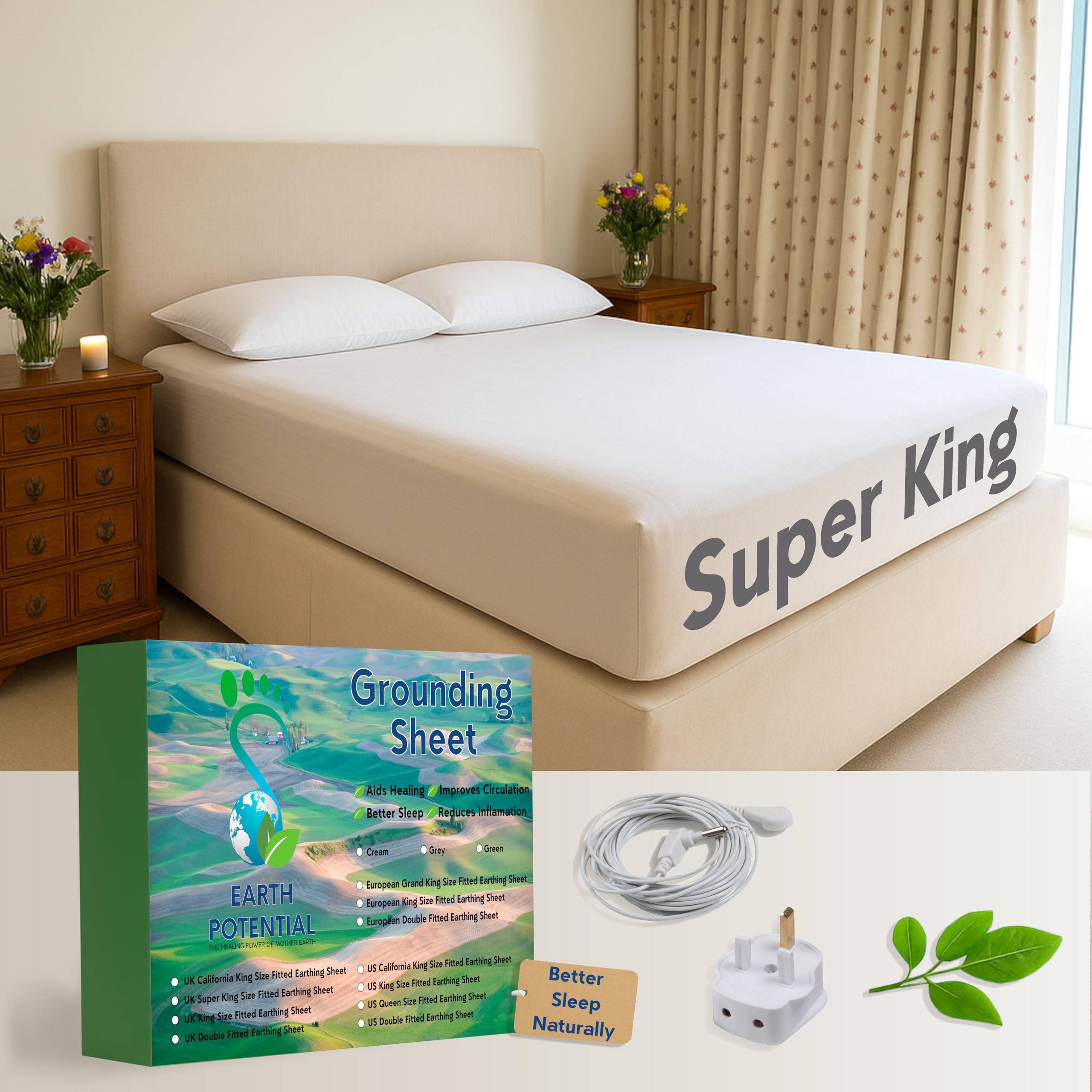 Earthing Grounding Fitted Super King Size Sheet – 95% Cotton and 5% Soft Silver Conductive Thread for Healing and Better Sleep, supplied with a 5m earth cable and UK double outlet grounding plug