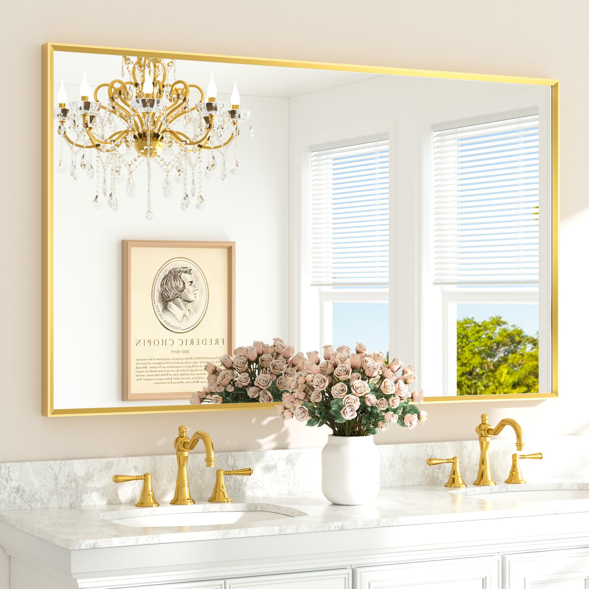 Photo 1 of TETOTE Brushed Gold Mirror Beveled Frame 60" x 36" Large Brass Gold Rectangle Bathroom Vanity Wall Mirror for Over Sink, Modern Farmhouse, Tempered Glass, Shatterproof, Stronger Frame