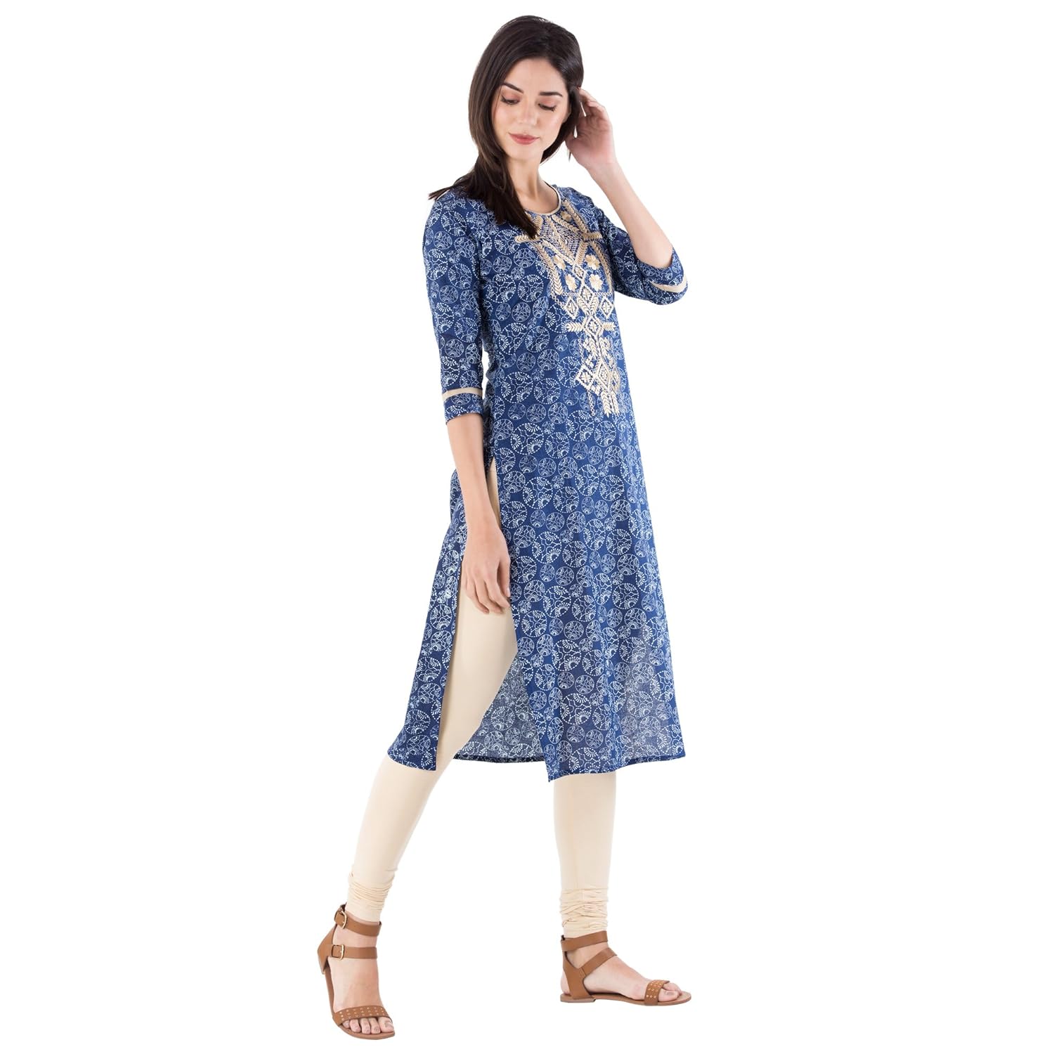 m&d women's cotton 3/4 sleeve embroidered kurti(indigo blue)