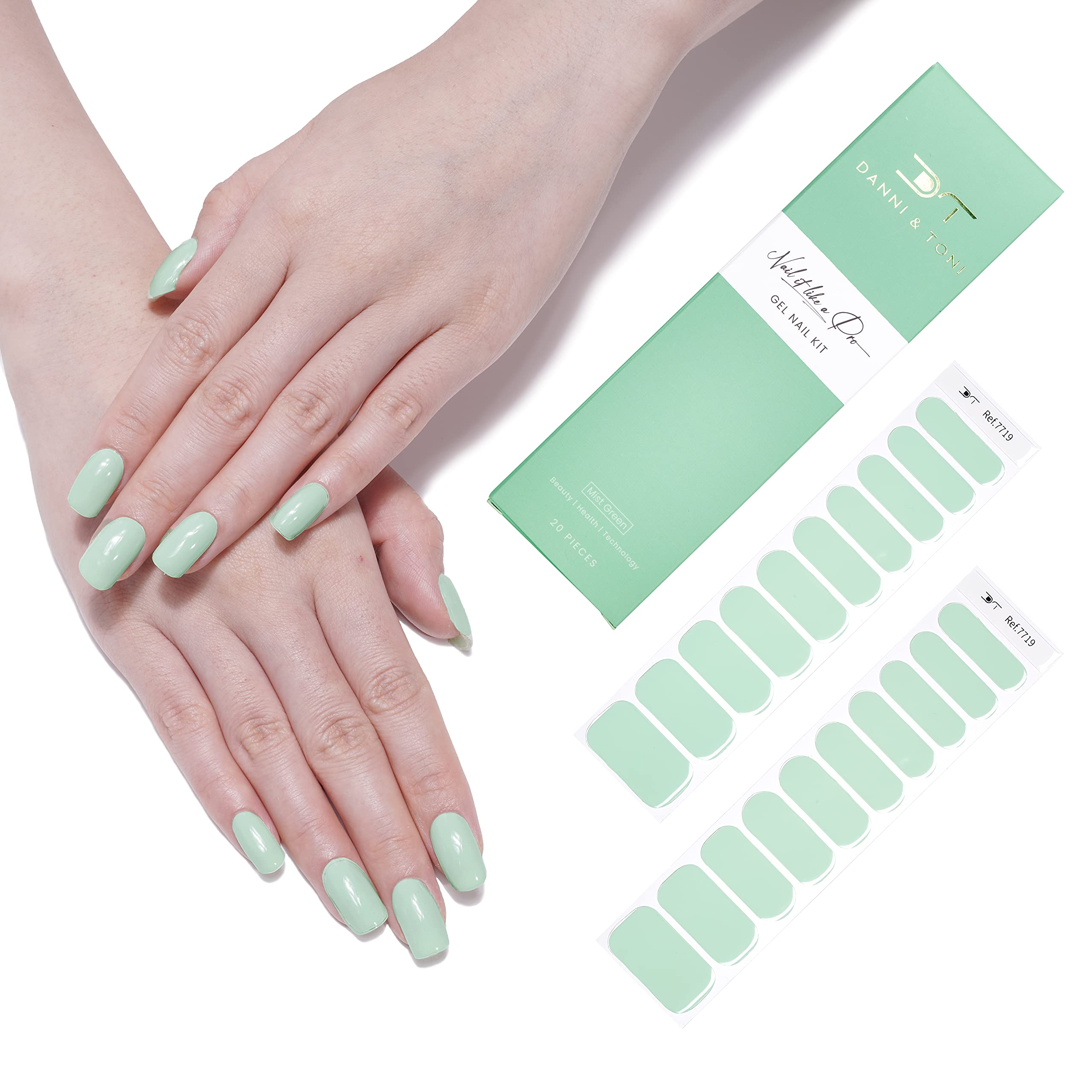 DANNI & TONI 28 Stickers Semi Cured Gel Nail Polish Strips Gel Nail Stickers Solid Colour,Salon-Quality Gel Nail Polish Strips Manicure Stickers Set (Mist Green)