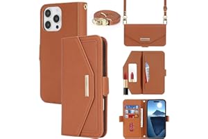 Jaorty Crossbody Wallet for iPhone 16 Pro Max Case with Strap, Credit Card Holder,Adjustable Shouler Lanyard, 6.9",PU Leather Handbag Purse Kickstand Make Up Mirror Cover Case for Women Girl,Brown