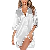 Anjue Satin Nightgown For Women 3/4 Sleeve Silk Nightshirt Button Down Pajamas Dress Boyfriend Sleepshirt