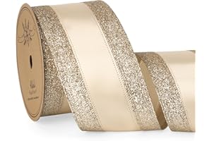 Ribbli Champagne Gold Wired Ribbon Satin with Glitter Edge 2.5 Inch Champagne Christmas Ribbon for Tree Gift Wrapping Wreaths Garland Topper Bows Crafts Home Decor -10 Yards