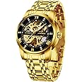 A ALPS Mens Watch Skeleton Luxury Mechanical Stainless Steel Waterproof Black Automatic Self-Winding Roman Numerals Diamond Dial Wrist Watch