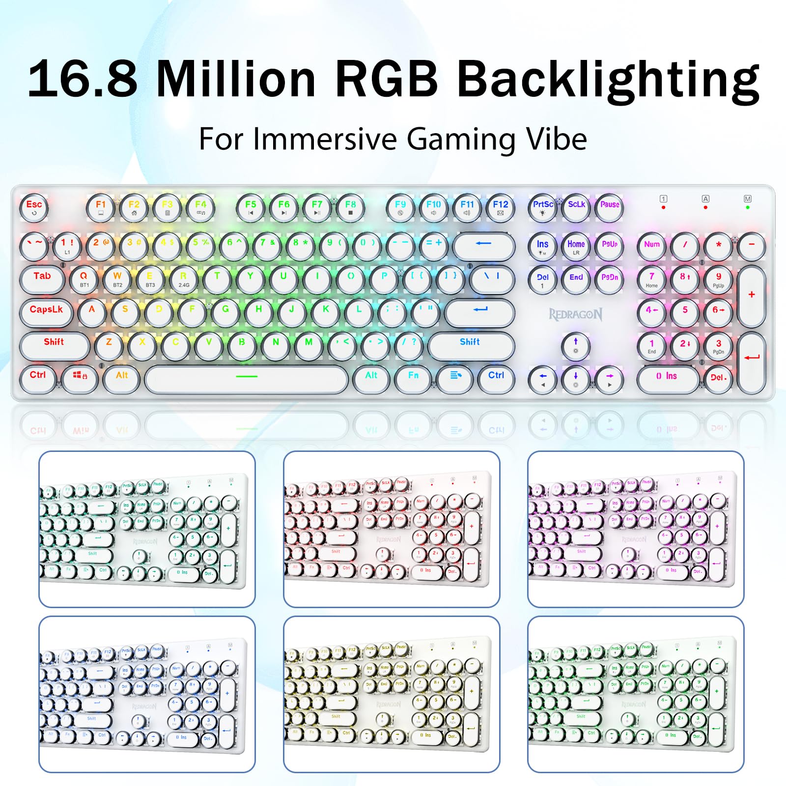 Redragon K710 Wireless Typewriter Mechanical Gaming Keyboard, Bluetooth/2.4Ghz/Wired, RGB Backlit, Blue Switch - Clicky, Rechargeable, Metal Panel, Round Keycaps, White