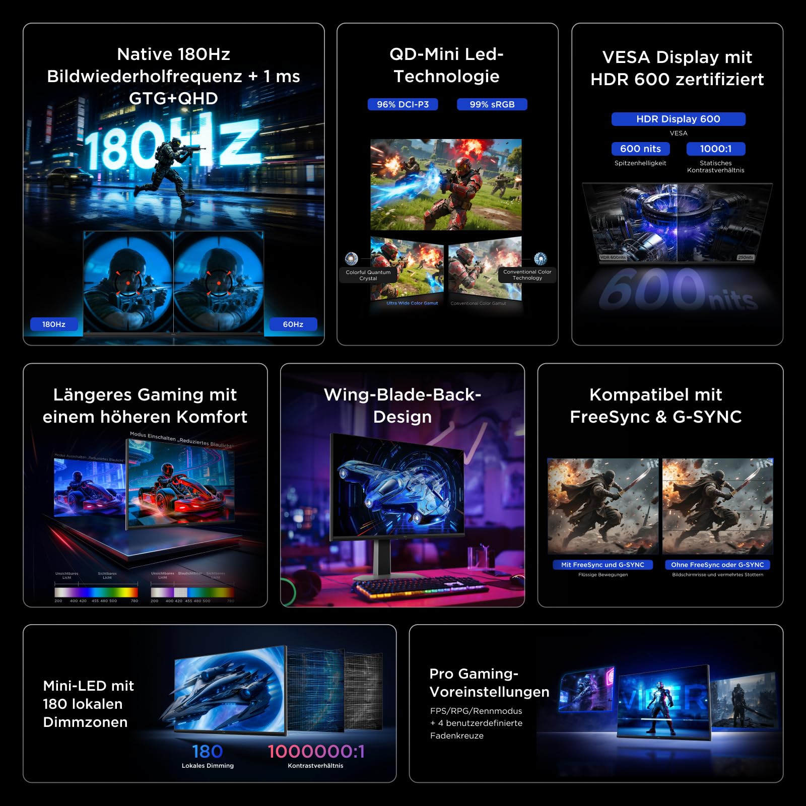 TCL Gaming Monitor 27 Zoll QD-Mini-LED 27G64, QHD-Auflösung, 180Hz, Fast-HVA-Panel, HDR 600 nits, 1ms GTG Reaktionszeit, AMD Freesync, Kompatibilität mit G-Sync 2