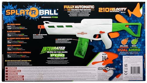 SPLATRBALL SRB800 PYRO GLOW-IN-THE-DARK WATER GEL BALL BLASTER KIT – FULL AUTO, 210 FPS, 800-ROUND MAGAZINE, 20,500 TOTAL ROUNDS – ORANGE/WHITE