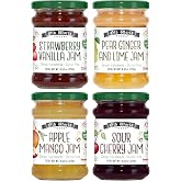 Old World Quality Foods 4-pack Premium European Fruit Jam Sampler with Strawberry Vanilla, Pear Ginger and Lime, Sour Cherry, and Apple Mango Flavors, 9.52 oz Jars