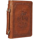 Christian Art Gifts Classic Vegan Leather Bible Cover for Men & Women: Trust in The Lord Inspirational Bible Verse, Sturdy Easy Carry Book Case, Pen Loops, Pockets, Accessory Storage, Brown, Large