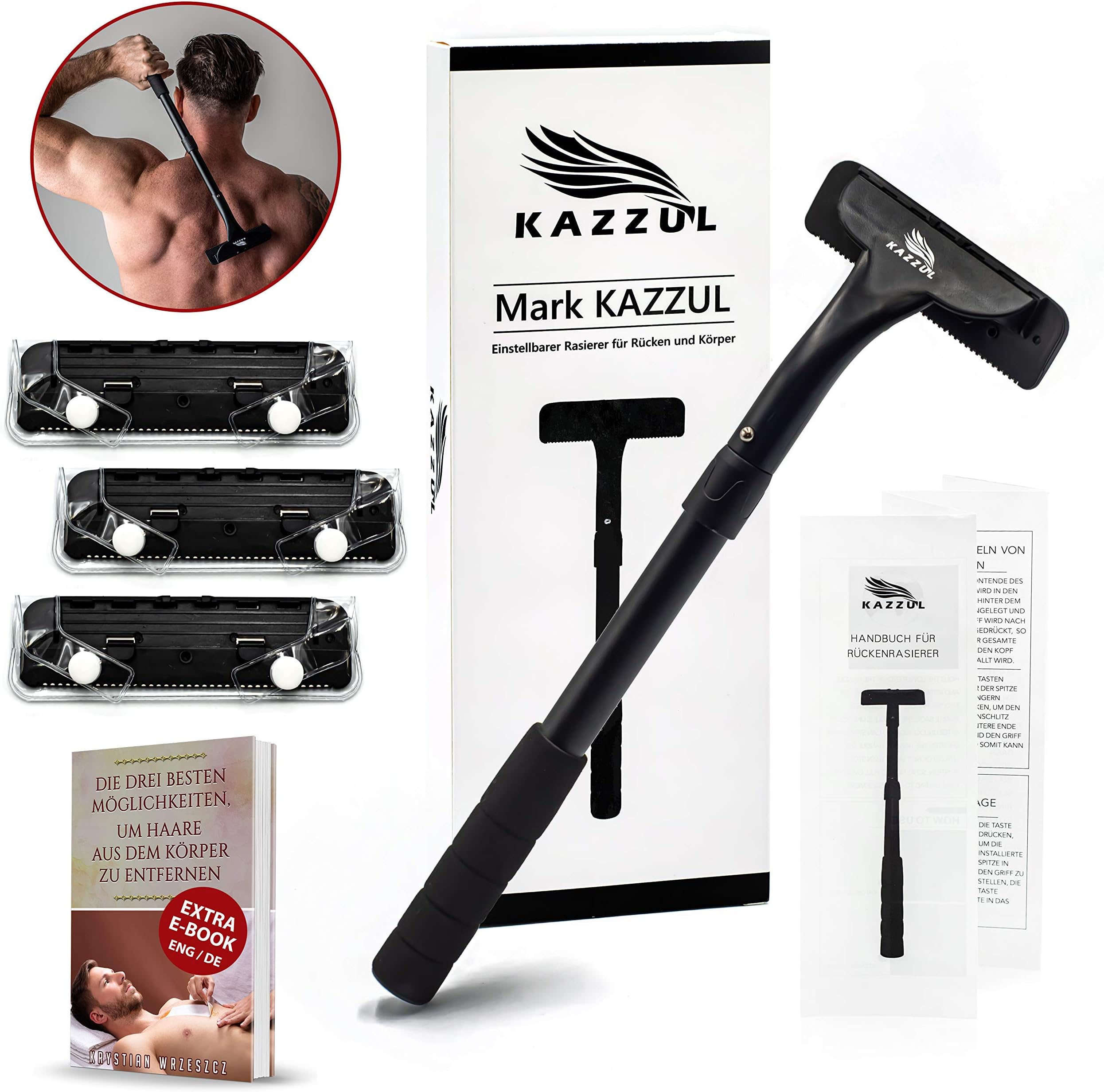 Back Shaver - KAZZUL Body Shaver for Men with 3 Spare Blades, Painless Hair Removal, Men's Shaver with Grip Under Wet or Dry, Body Depilation Back, Legs, Chest.